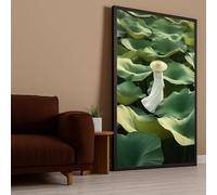 YUSUZHU Cuadro de una mujer con vestido blanco caminando entre hojas de loto, arte mural sereno, lienzo con motivos botánicos, decoración de jardín (30x50cm/sin marco)