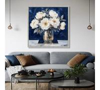 YUSUZHU Elegante lienzo de peonías blancas, arte mural con jarrón floral, pintura de fondo azul, lienzo botánico, decoración del hogar, imágenes (70 x 70 cm/sin marco)