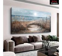 YUSUZHU Gran escena de playa con olas del océano, juncos junto a la playa, faro a lo lejos, gaviotas volando, pintura en lienzo, 30 x 60 cm, con marco
