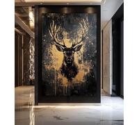 YUSUZHU Impresión en lienzo de ciervo, decoración de pared en negro y dorado, obra de arte de cabaña rústica, pintura de vida silvestre de lujo, imagen para el hogar (80 x 110 cm/marco interior)
