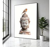 YUSUZHU Lienzo con cabeza de Buda y petirrojo, decoración de meditación zen, obra de arte espiritual, decoración del hogar, impresión (80 x 110 cm/marco interior)