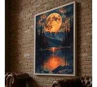 YUSUZHU Lienzo con imagen de la luna llena sobre un lago de montaña, paisaje nocturno para pared, escena de agua reflectante, pintura de bosque, decoración del hogar (50x70cm/sin marco)