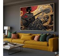 YUSUZHU Lienzo con imagen de una mujer negra tocando la guitarra, arte afro jazz, retrato de músico para pared, pintura decorativa con detalles dorados, decoración étnica (21x30cm/sin marco)