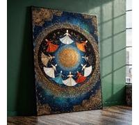 YUSUZHU Lienzo con la danza de los derviches giratorios, arte espiritual sufí, arte mural de círculo místico, caligrafía azul y dorada, decoración étnica para el hogar (50x70cm/marco interior)