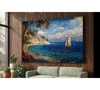 YUSUZHU Lienzo con mosaico de la costa mediterránea, arte mural de paisaje costero, escena de velero y playa, decoración del hogar, lienzo vintage (70x100cm/sin marco)