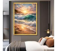 YUSUZHU Lienzo con olas del océano al atardecer, arte mural de playa, paisaje marino con conchas, decoración costera para el hogar, impresión en lienzo natural (21 x 30 cm/marco interior)