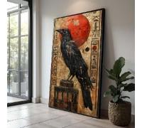 YUSUZHU Lienzo de cuervo con sol rojo, arte mural de estilo egipcio antiguo, pintura de aves, decoración jeroglífica, obra de arte en lienzo con animales (70 x 130 cm/sin marco)
