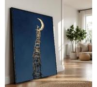 YUSUZHU Lienzo de escalada lunar, escalera caprichosa hacia la luna creciente, decoración de fantasía de cielo nocturno, pintura surrealista para habitación infantil (80 x 110 cm/marco interior)