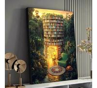 YUSUZHU Lienzo de Torre de Biblioteca, Arte de Pared con Rincón Mágico de Lectura, Decoración para una Sala de Lectura Acogedora, Lienzo con Bosque, Pósteres e Impresiones (50 x 70 cm/Sin Marco)