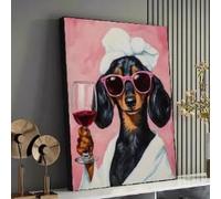 YUSUZHU Lienzo decorativo de perro salchicha, retrato divertido de mascota, pintura para copa de vino, decoración con gafas de sol rosas, arte de animales peculiares (50 x 75 cm/sin marco)