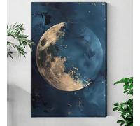 YUSUZHU Lienzo minimalista con diseño de luna dorada, índigo y azul oscuro, para pared, dormitorio, sala de estar, pasillo, 80 x 120 cm, sin marco.