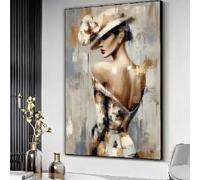 YUSUZHU Mujer con sombrero en lienzo, retrato abstracto en lienzo para pared, pintura de figura femenina, decoración de habitaciones, lienzo en tonos neutros (60x80cm/sin marco)