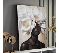 YUSUZHU Póster de retrato de mujer negra con flores blancas, arte floral para pared, decoración de belleza femenina, pintura contemporánea (40 x 60 cm/marco interior)