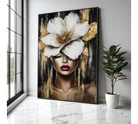 YUSUZHU Pósteres e impresiones de retratos de mujer, arte mural de flores blancas, lienzo con detalles dorados, pintura de rostro femenino, imágenes para decoración del hogar (21 x 30 cm/sin marco)