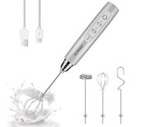 YUSWKO Espumador de leche recargable de mano con 3 cabezales, batidor eléctrico de café plateado, mini agitador de mano con 3 velocidades ajustables para latte, capuchino, chocolate caliente, huevo