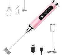 YUSWKO Varita espumadora de leche rosa para café con soporte, espumador de café de mano, mezclador de bebidas recargable, batidor eléctrico impermeable