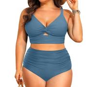 Yutdeng Bikini Mujer Talla Grande Traje de Baño Dos Piezas Cintura Alta Cuello en V Bañador Reductor Push Up Relleno Bañadores Sexy Cruzado Calado Bikinis Top Braga Alta Vientre Plano Plisado Playa