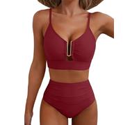 Yutdeng Conjunto Bikini Mujer Braga Alta Reductor Barriga Bikini Push Up con Relleno Biquini con Hebilla Metálica Pliegues Vientre Plano Traje de Baño 2 Piezas Bañadores Ropa de Baño,Rojo Vino,S