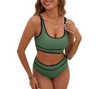 Yutdeng Conjunto Bikini Mujer Braga Alta Reductor Barriga Bikini Push Up con Relleno Biquinis Deportivo Vientre Plano Trajes de Baño Bañadores Mujer Dos Piezas Ropa de Baño Biquini,Verde Oscuro,M
