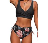 Yutdeng Conjunto de Bikini Mujer Push Up Sexy Traje de Baño Dos Piezas Estampado Floral Bikinis Cintura Alta Fruncido Bañador Cuello en V Cruz Relleno Tops y Braguitas Control de Vientre Cordón Slim