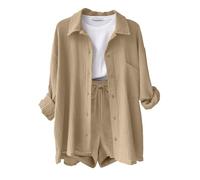 Yutdeng Conjunto Mujer Dos Piezas Casual Lino Traje de Verano Ligero 2 Piezas Conjuntos Chándal Blusa Manga Larga Pantalones Cortos Ropa de Playa Vacaciones Deportivo Casa Trabajo Loungewear Elegante