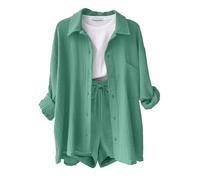 Yutdeng Conjunto Mujer Dos Piezas Casual Lino Traje de Verano Ligero 2 Piezas Conjuntos Chándal Blusa Manga Larga Pantalones Cortos Ropa de Playa Vacaciones Deportivo Casa Trabajo Loungewear Elegante