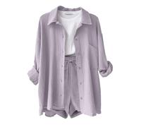 Yutdeng Conjunto Mujer Dos Piezas Casual Lino Traje de Verano Ligero 2 Piezas Conjuntos Chándal Blusa Manga Larga Pantalones Cortos Ropa de Playa Vacaciones Deportivo Casa Trabajo Loungewear Elegante