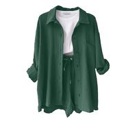 Yutdeng Conjunto Mujer Verano Casual de Dos Piezas en Lino - Chándal con Camisa Manga Larga y Pantalones Cortos - Loungewear Deportivo para Casa y Trabajo