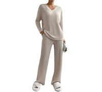 Yutdeng Conjunto Punto Mujer Invierno 2 Piezas Jersey Cuello V Pantalón Recto Traje de Casa Pijamas Manga Larga Acanalado Conjunto Deportivo Casual