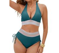 Yutdeng Conjuntos de Bikinis Mujer Push Up Trajes de Baño 2 Piezas Cintura Alta Conjunto de Bikini Mujer Sexy Traje de Baño Control de Vientre Bañador Halter Bikini Cuello V Braga Plisado Cordón Playa
