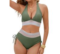Yutdeng Conjuntos de Bikinis Mujer Push Up Trajes de Baño 2 Piezas Cintura Alta Conjunto de Bikini Mujer Sexy Traje de Baño Control de Vientre Bañador Halter Bikini Cuello V Braga Plisado Cordón Playa