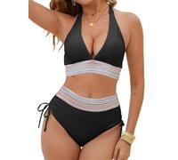 Yutdeng Conjuntos de Bikinis Mujer Push Up Trajes de Baño 2 Piezas Cintura Alta Conjunto de Bikini Mujer Sexy Traje de Baño Control de Vientre Bañador Halter Bikini Cuello V Braga Plisado Cordón Playa