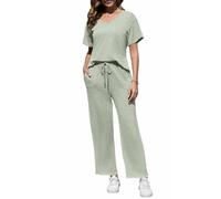 Yutdeng Conjuntos Mujer Verano Dos Piezas Pijamas Pantalon y Top Manga Corta Cuello V Ligeros Conjunto Punto Mujer Pantalones Anchos 2 Piezas Traje Elegante Conjunto de Verano Pijama,Verde,M