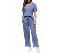 Yutdeng Conjuntos Mujer Verano Dos Piezas Pijamas Pantalon y Top Manga Corta Cuello V Ligeros Conjunto Punto Mujer Pantalones Anchos 2 Piezas Traje Elegante Conjunto de Verano Pijama,Azul,L