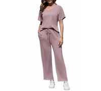 Yutdeng Conjuntos Mujer Verano Dos Piezas Pijamas Pantalon y Top Manga Corta Cuello V Ligeros Conjunto Punto Mujer Pantalones Anchos 2 Piezas Traje Elegante Conjunto de Verano Pijama,Morado,L