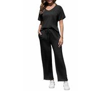Yutdeng Conjuntos Mujer Verano Dos Piezas Pijamas Pantalon y Top Manga Corta Cuello V Ligeros Conjunto Punto Mujer Pantalones Anchos 2 Piezas Traje Elegante Conjunto de Verano Pijama,Negro,S