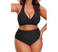 Yutdeng Mujer Bikini Talla Grande Braga Alta Bikini Push Up con Relleno Halter Cuello V Vientre Plano Pliegues Bañadores Mujer Tallas Grandes Natacion Playa Trajes de Baño Dos Piezas,Negro,XXL