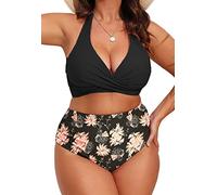 Yutdeng Mujer Bikini Talla Grande Braga Alta Bikini Push Up con Relleno Halter Cuello V Vientre Plano Pliegues Bañadores Mujer Tallas Grandes Natacion Playa Trajes de Baño Dos Piezas,Rosa,4XL