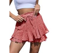 Yutdeng Pantalón Corto Mujer Verano Shorts Bohemio Bermudas Gasa Falda Corta Floral Pantalones Cortos Mujer Cintura Alta Minifalda Pantalon Playa Fresco Pantalon Corto Pierna Volantes,Rojo,S