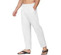 Yutdeng Pantalones Lino Hombre Verano Pantalon Largo Pantalón Lino Algodón Ligeros con Bolsillos Cintura Elástica Pantalon Vestir Casual Anchos Pantalones de Verano Hombre Regular Fit,Blanco,XL