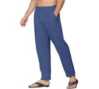 Yutdeng Pantalones Lino Hombre Verano Pantalon Largo Pantalón Lino Algodón Ligeros con Bolsillos Cintura Elástica Pantalon Vestir Casual Anchos Pantalones de Verano Hombre Regular Fit,Marino,L
