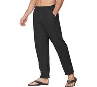 Yutdeng Pantalones Lino Hombre Verano Pantalon Largo Pantalón Lino Algodón Ligeros con Bolsillos Cintura Elástica Pantalon Vestir Casual Anchos Pantalones de Verano Hombre Regular Fit,Negro,XXL