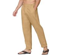 Yutdeng Pantalones Lino Hombre Verano Pantalon Largo Pantalón Lino Algodón Ligeros con Bolsillos Cintura Elástica Pantalon Vestir Casual Anchos Pantalones de Verano Hombre Regular Fit,Caqui,L