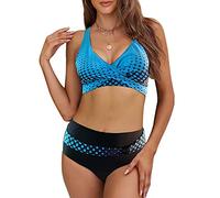 Yutdeng Trajes de Baño Mujer 2 Piezas Conjuntos de Bikini Push Up Cruzados Bañadores Estampado Tribal Cintura Alta Swimwear sin Espalda Braguita de Biquini Fruncido,Negro,XL