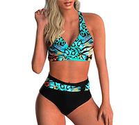 Yutdeng Trajes de Baño Mujer 2 Piezas Conjuntos de Bikini Push Up Cruzados Bañadores Estampado Tribal Cintura Alta Swimwear sin Espalda Braguita de Biquini Fruncido,Verde,XL