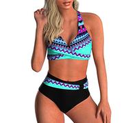 Yutdeng Trajes de Baño Mujer 2 Piezas Conjuntos de Bikini Push Up Cruzados Bañadores Estampado Tribal Cintura Alta Swimwear sin Espalda Braguita de Biquini Fruncido,Azul,XXL