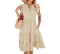 Yutdeng Vestido Corto Mujer Verano Casual Vestido Manga Corta Volantes Cuello V con Bolsillos Vestidos Camiseros Elegante Vestidos Sueltos A Line Vestidos de Mujer Vestido Playero,Beige,L