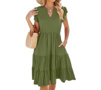 Yutdeng Vestido Corto Mujer Verano Casual Vestido Manga Corta Volantes Cuello V con Bolsillos Vestidos Camiseros Elegante Vestidos Sueltos A Line Vestidos de Mujer Vestido Playero,Verde,L