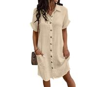 Yutdeng Vestido Lino Mujer Verano Casual Vestidos Cortos Manga Corta Vestido Camiseta Algodon con Bolsillos Sueltos Vestidos Playeros Vestidos de Verano Cardigan Blusa con Botones,Caqui,L