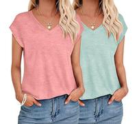 YUTILA Pack de 1/2 camisetas de verano para mujer, informal, básica, monocolor, manga corta, cuello en V, holgada, desenfadada, Rosa claro+menta, XL